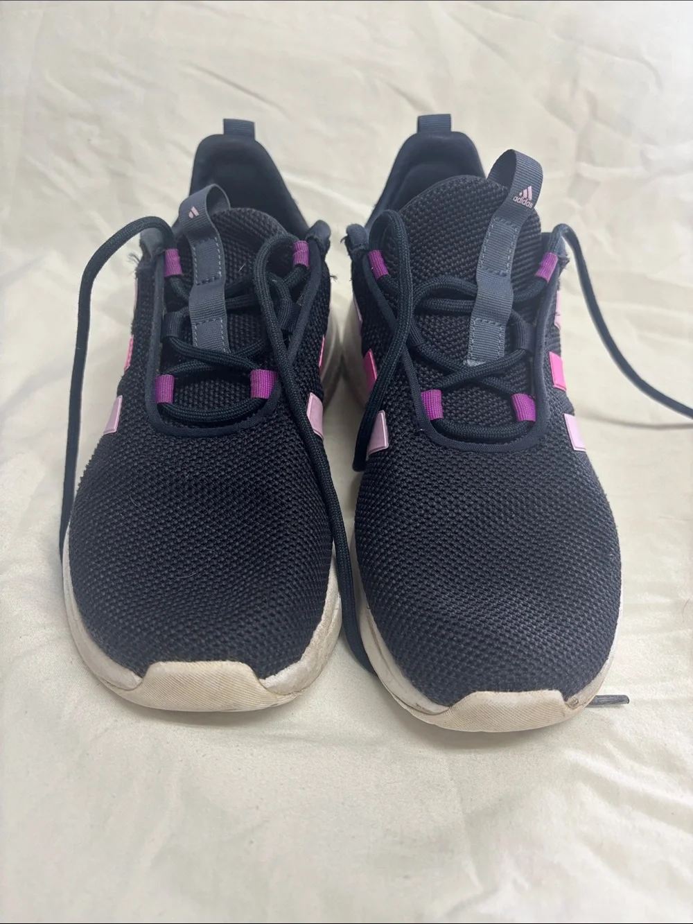 adidas Kids Black Sneakers with Pink Stripe Accents